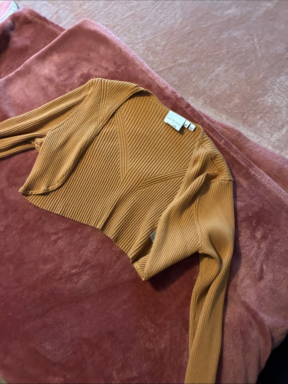 Rachel Leigh Cropped Ribbed V-Neck Top - Camel Brown